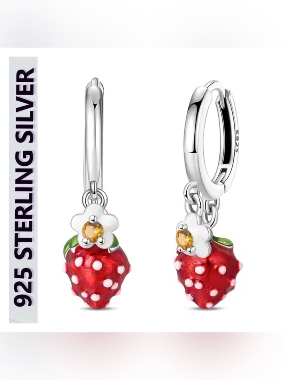🌟🌟 S925 Sterling Silver Red Strawberry Charm Hoop Earrings with Flower Accent
